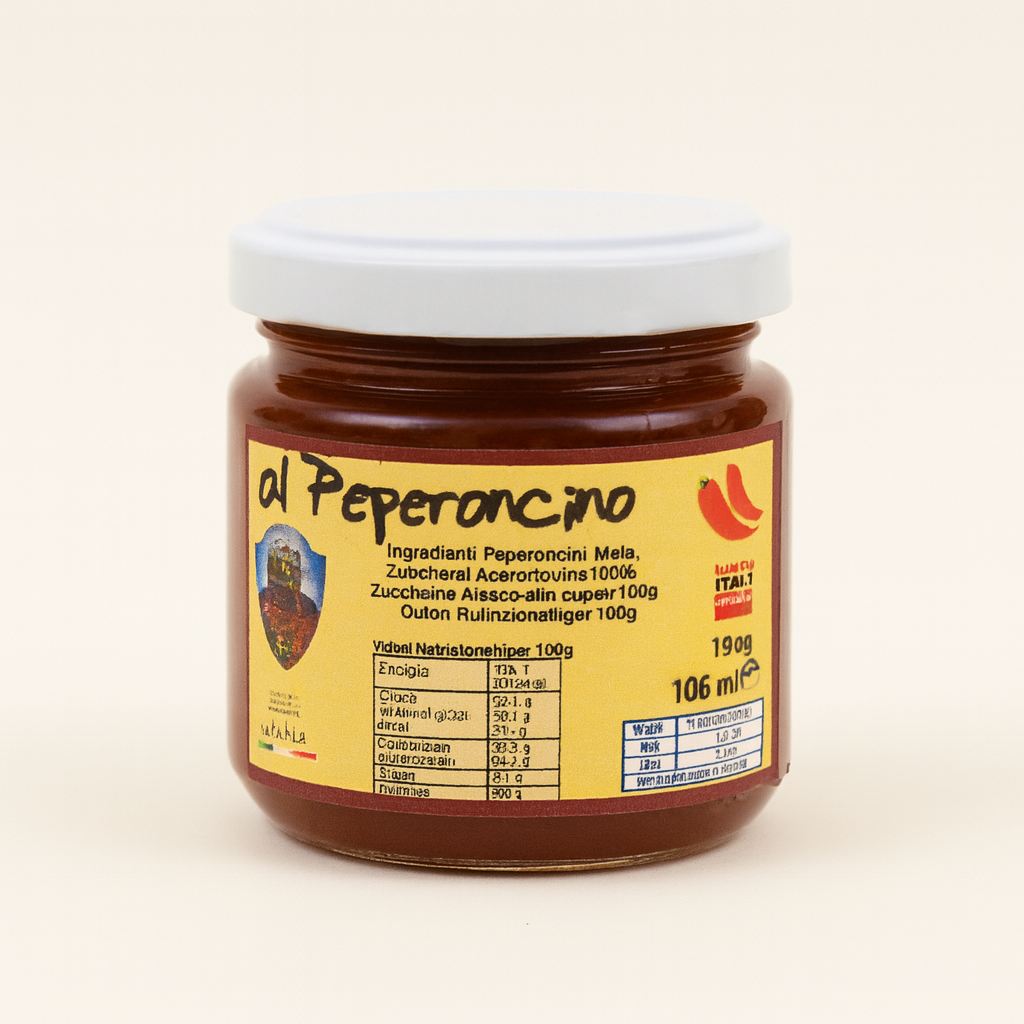 Barattolo di vetro con etichetta gialla contenente confettura di peperoncino, tappo bianco, sullo sfondo neutro.