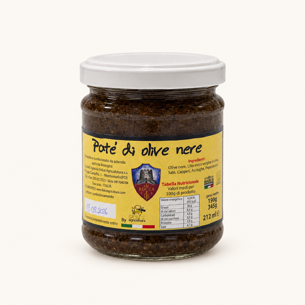 Glas mit schwarzem Olivenpaté, gelbes Etikett mit der Aufschrift "Paté di olive nere" und Angaben zu Zutaten und Nährwerten.