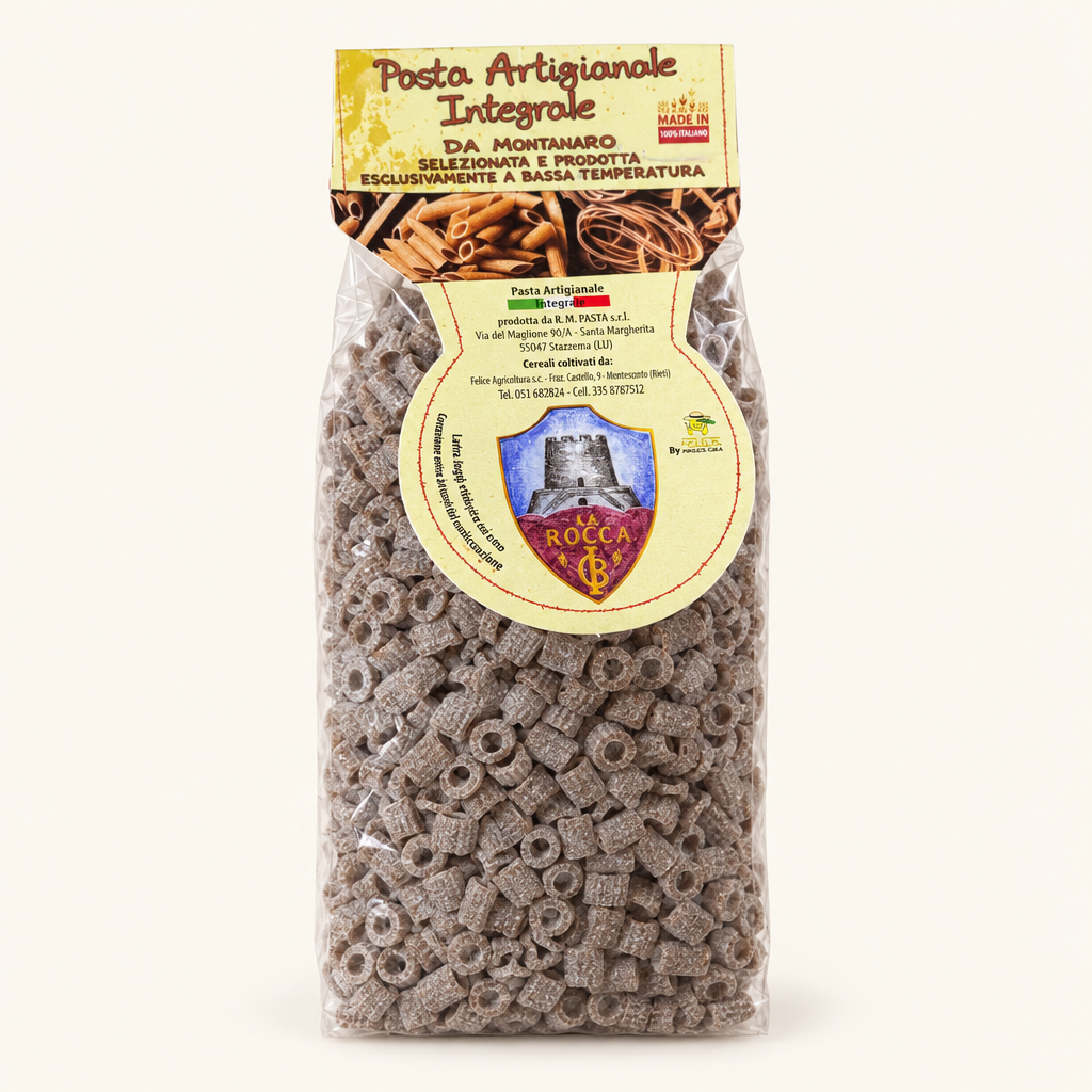 Confezione trasparente di pasta integrale a forma di anelletti, etichetta beige con logo La Rocca e indicazione di produzione artigianale a Montemurlo.