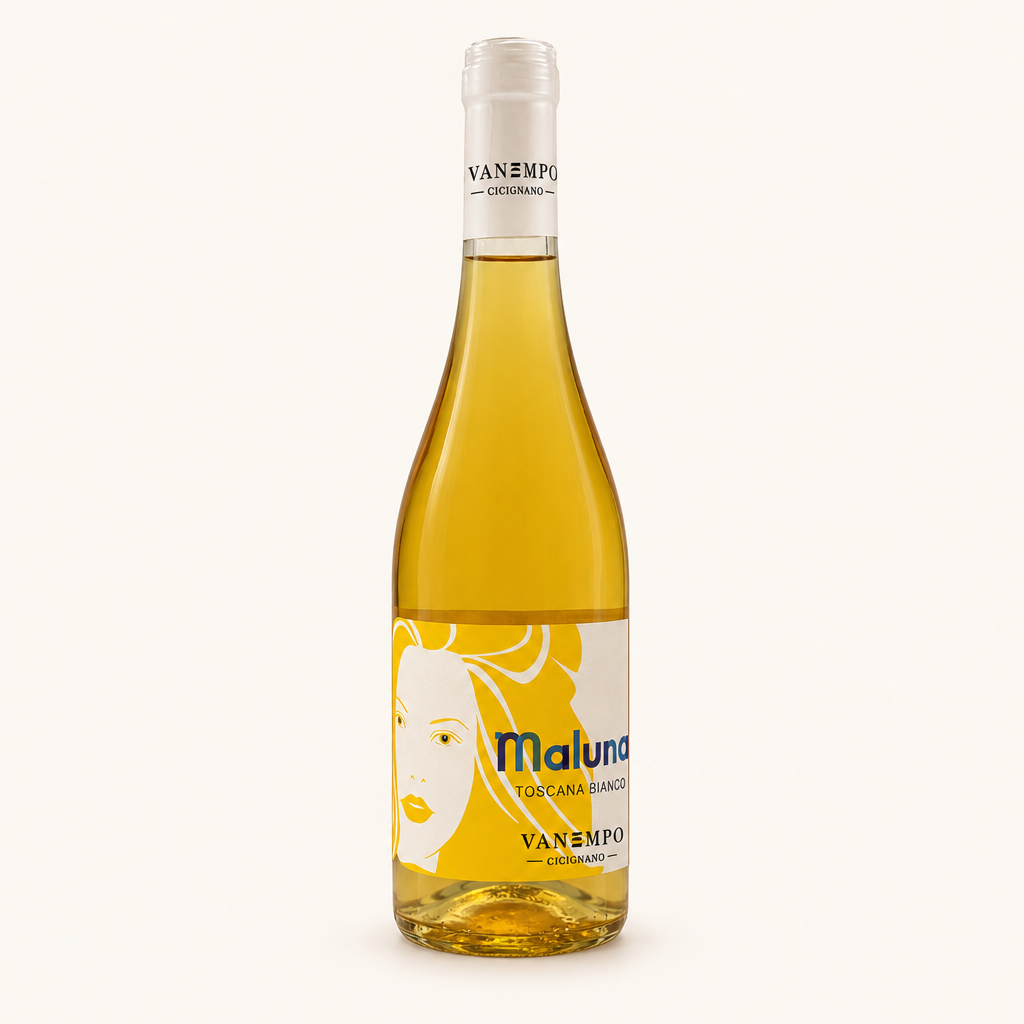 750 ml Flasche Maluna Toscana Bianco Weißwein, gelbes Etikett mit stilisiertem Gesicht, weißer Schraubverschluss. Der Wein hat eine bernsteinfarbene Farbe.