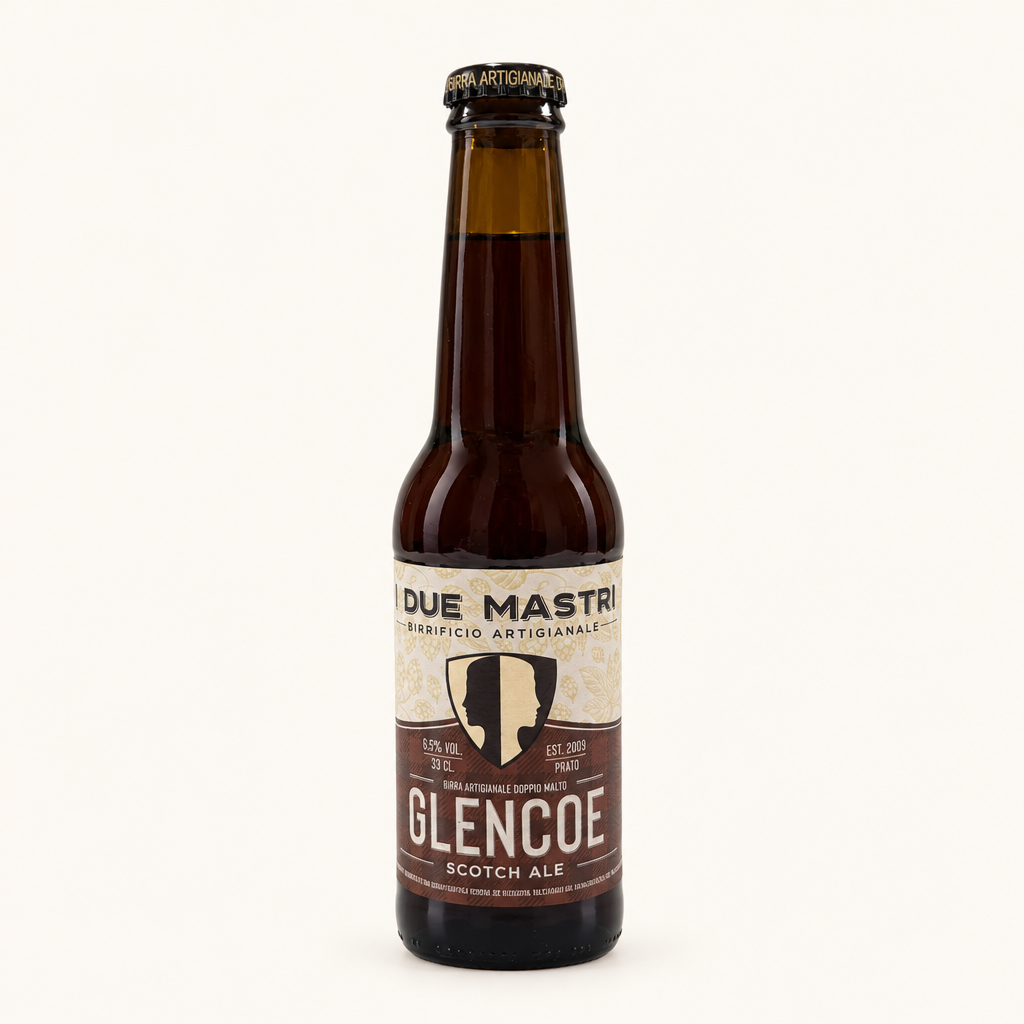 Flasche der handwerklich gebrauten Glencoe Scotch Ale im 33-cl-Format mit braun-cremigem Etikett, Hopfendetails und Produktbeschreibung auf Italienisch und Englisch.