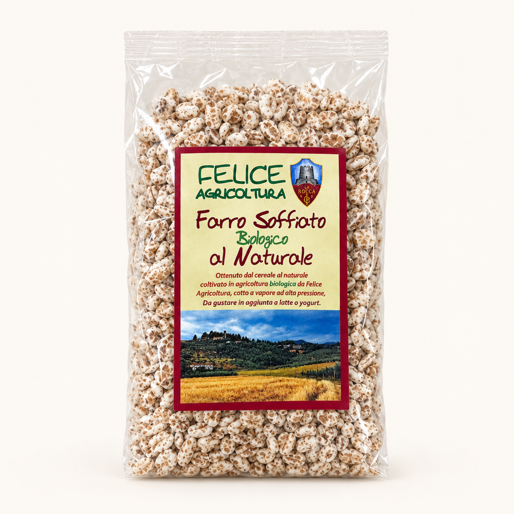 Transparenter Beutel mit naturbelassenem gepufften Dinkel, Felice Agricoltura Etikett, La Rocca Logo und Bild einer toskanischen Landschaft.