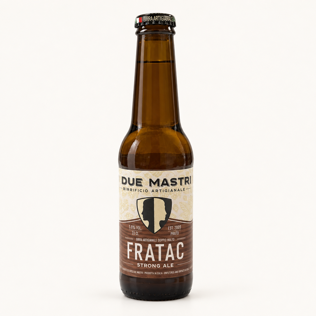 Glasflasche mit handwerklich gebrautem Fratac Strong Ale Bier, 33 cl, mit beiger und brauner Etikette, Brauerei-Name I Due Mastri Montemurlo Prato.