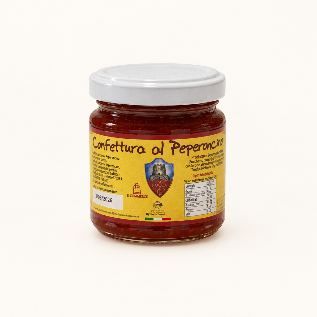 Glas mit roter Chili-Konfitüre, gelbes Etikett mit Produktdetails, weißer Deckel.