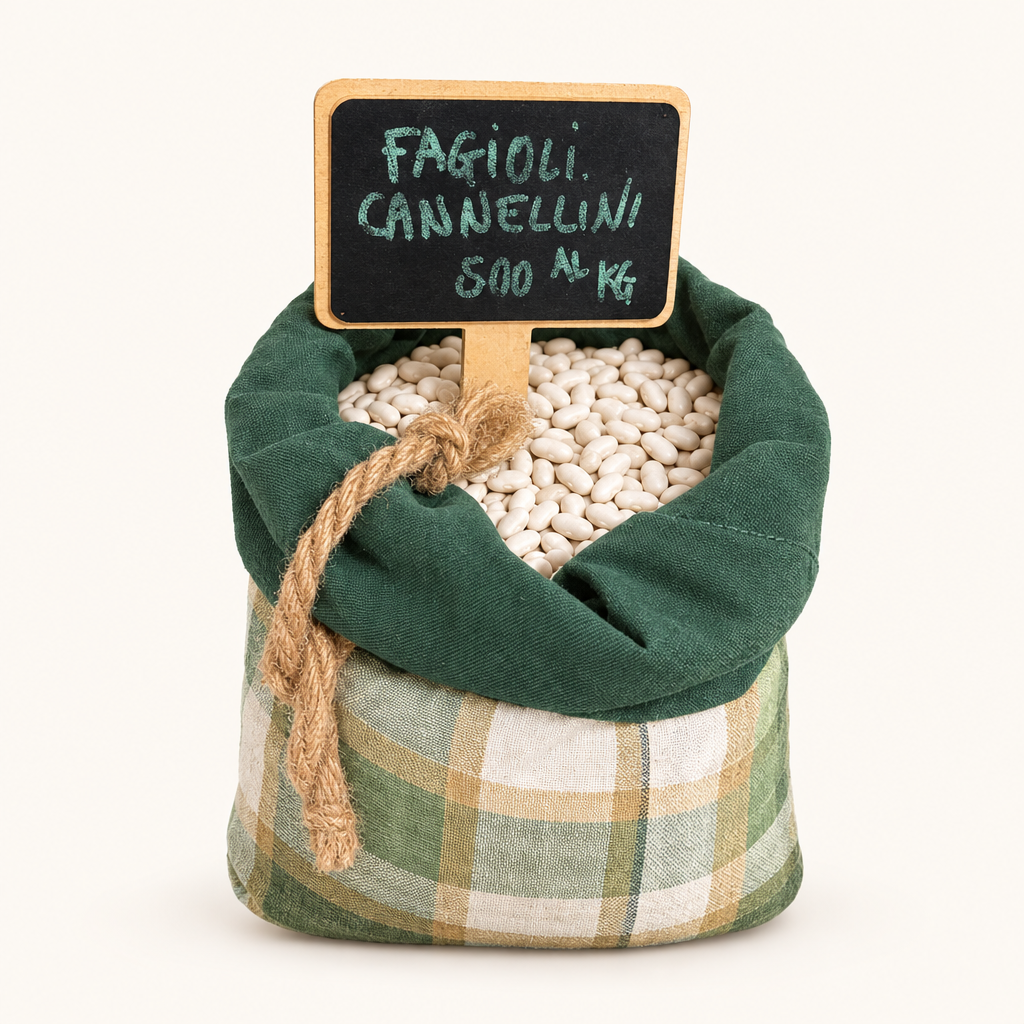 Grüner Stoffbeutel gefüllt mit getrockneten Cannellini-Bohnen und einem Schild mit der Aufschrift 'Fagioli cannellini 5,00 al kg'.