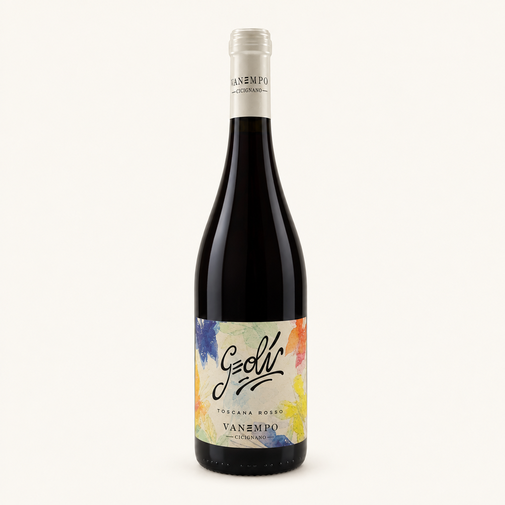 Flasche Geólí Rotwein vom Weingut Vanempo Cicignano, mit farbigem Etikett mit stilisierten Blumen und weißem Schraubverschluss. Das Rücketikett enthält technische Informationen.