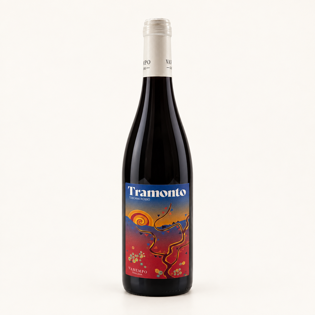 Flasche Tramonto Rosso Toscana Rotwein 750 ml mit farbiger Etikette und Rückseite mit Angaben zur Herstellung und biodynamischen Zertifikaten.