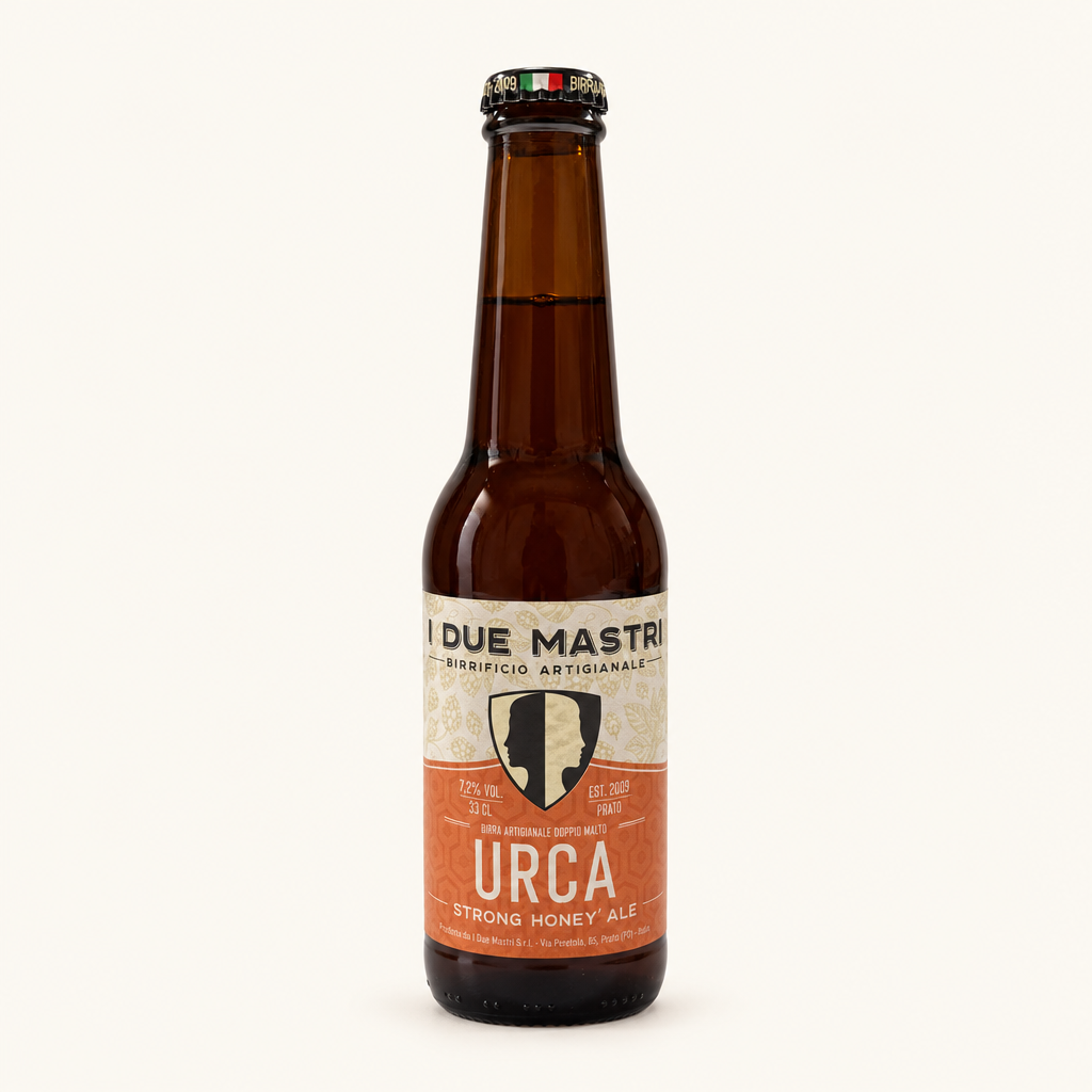 Flasche handwerkliches Bier 33 cl, orangefarbenes Etikett mit Zeichnung und Schrift, die das Doppelmalz-Bier mit Kastanienhonig von I Due Mastri, hergestellt in Montemurlo (Prato), angeben.