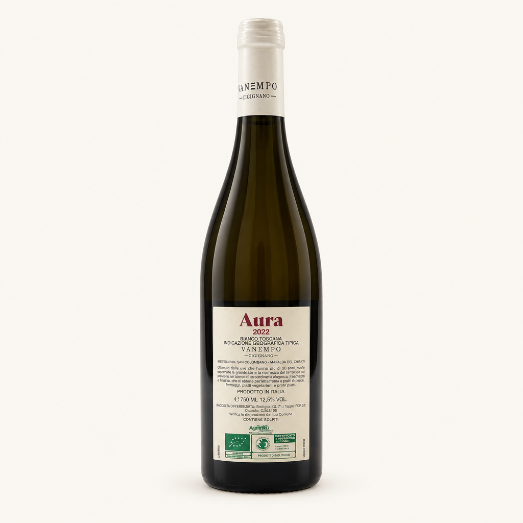 Flasche Aura Toscana Bianco Weißwein 750 ml mit farbigem Vorderetikett und Rückseite mit technischen Details und Bio-Zertifizierungen.